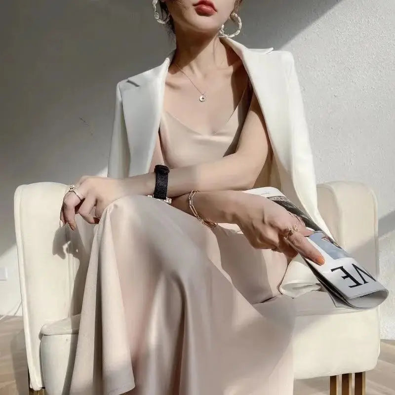 Vintage Satin Women's Dress Summer Sexy Spaghetti Strap Long Party Maxi Dresses Midi Robe Female Clothing