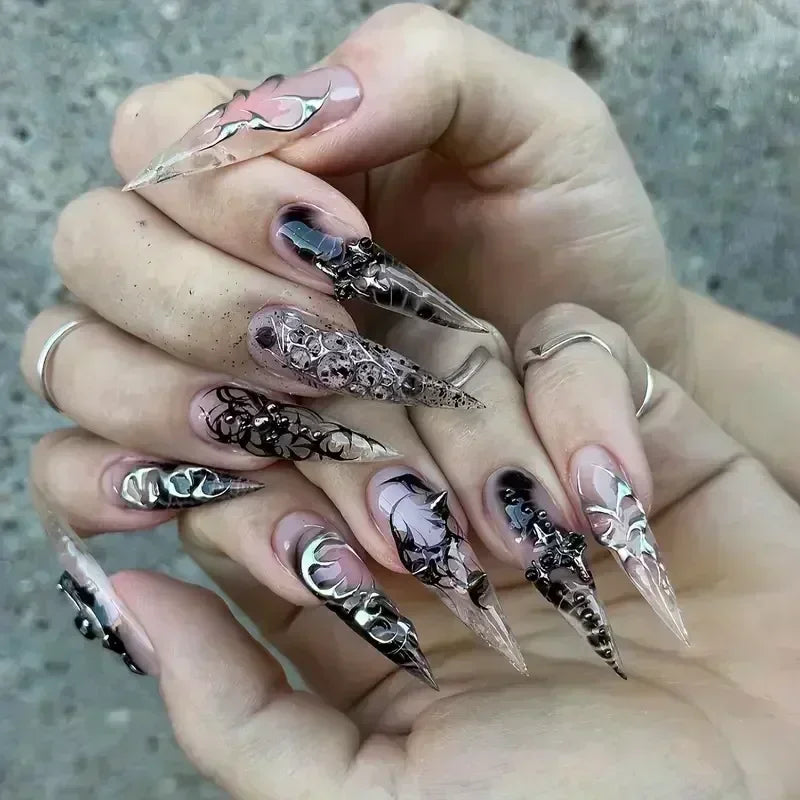 24Pcs False Nails Spicy Girl Silver Bow with Diamond Fake Nails with Glue Almond Press on Nails Black Cool Y2k Almond Nail Set
