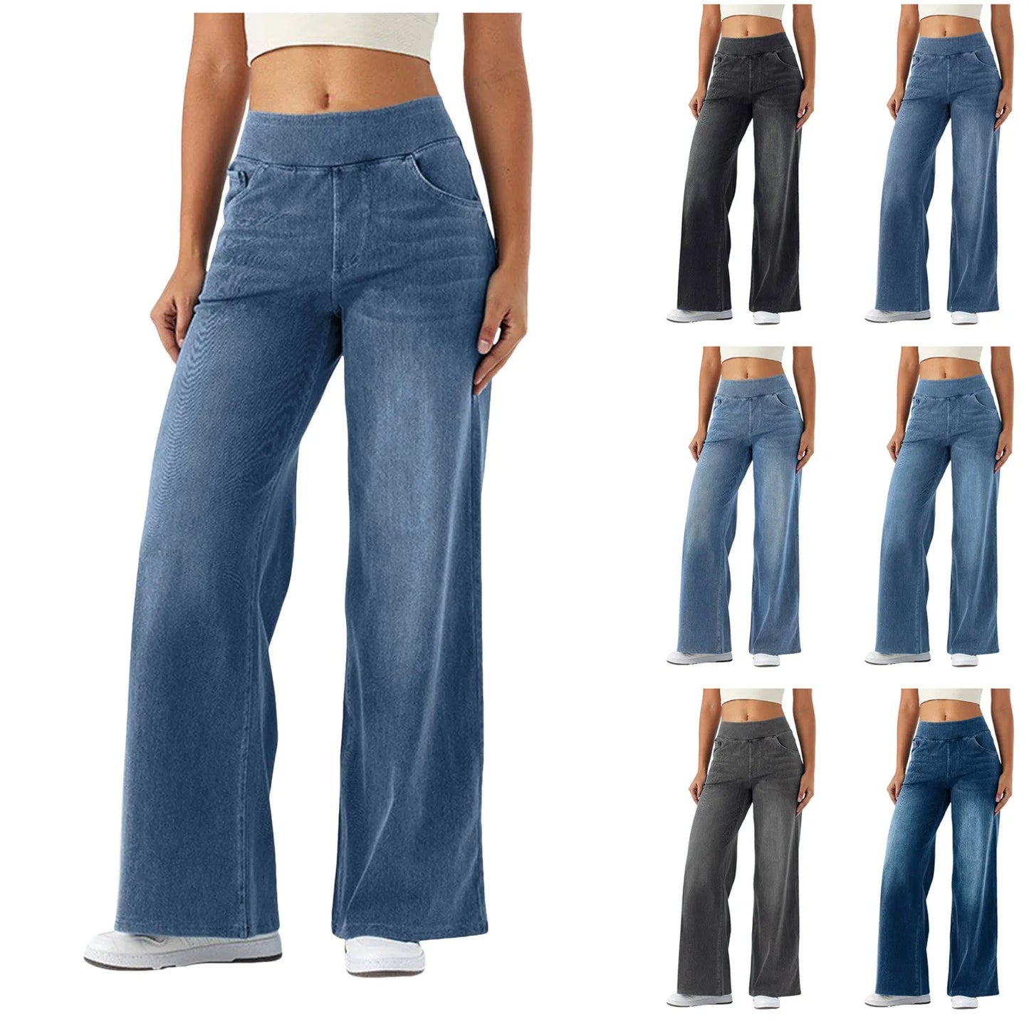 Fashion Baggy Jeans For Women Bleached Vintage High Waist Wide Leg Denim Pants With Pockets Boyfriend Stretchy Palazzo Pants