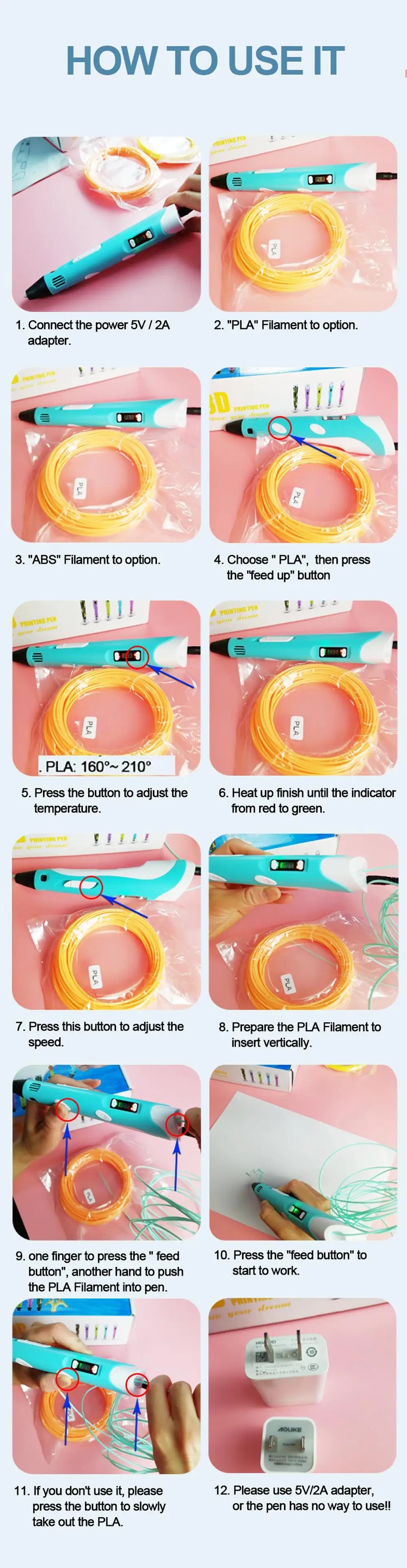 3D Pen 3d Printing Pen DIY Drawing Pens PLA Filament With USB PU Travel Case Birthday Christmas Gift For Kids Children