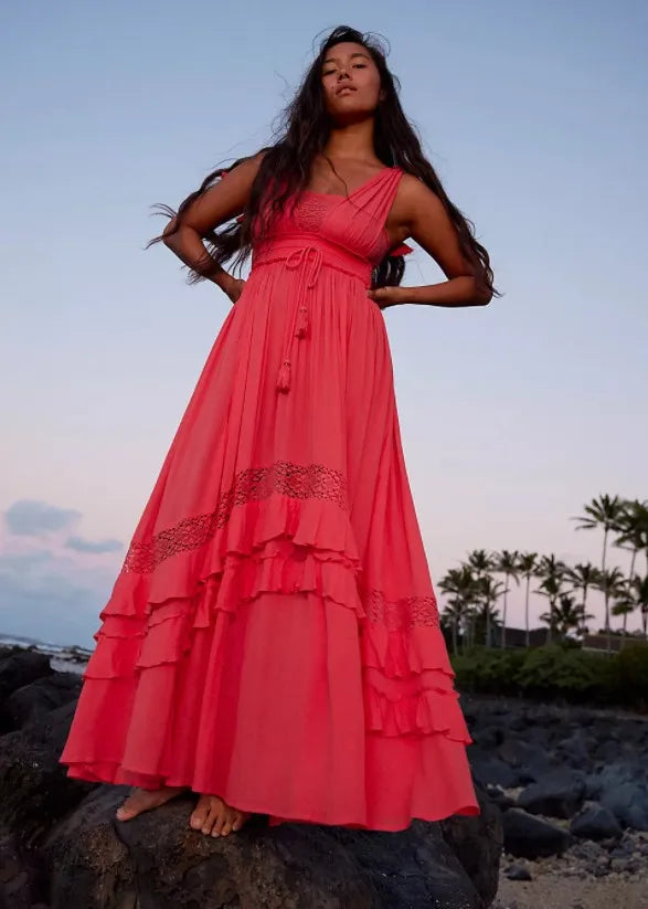 canwedance Summer Beach Dress Sleeveless Cotton Maxi Dresses Boho Style Solid Color Lace Ruffled Sundress Mujer Vestidos