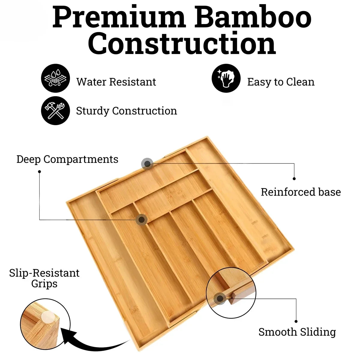 Bamboo Expandable Drawer Kitchen Organizer for Spoons Forks Knives cutleries Utensils Holder Adjustable Cutlery Tray Divider