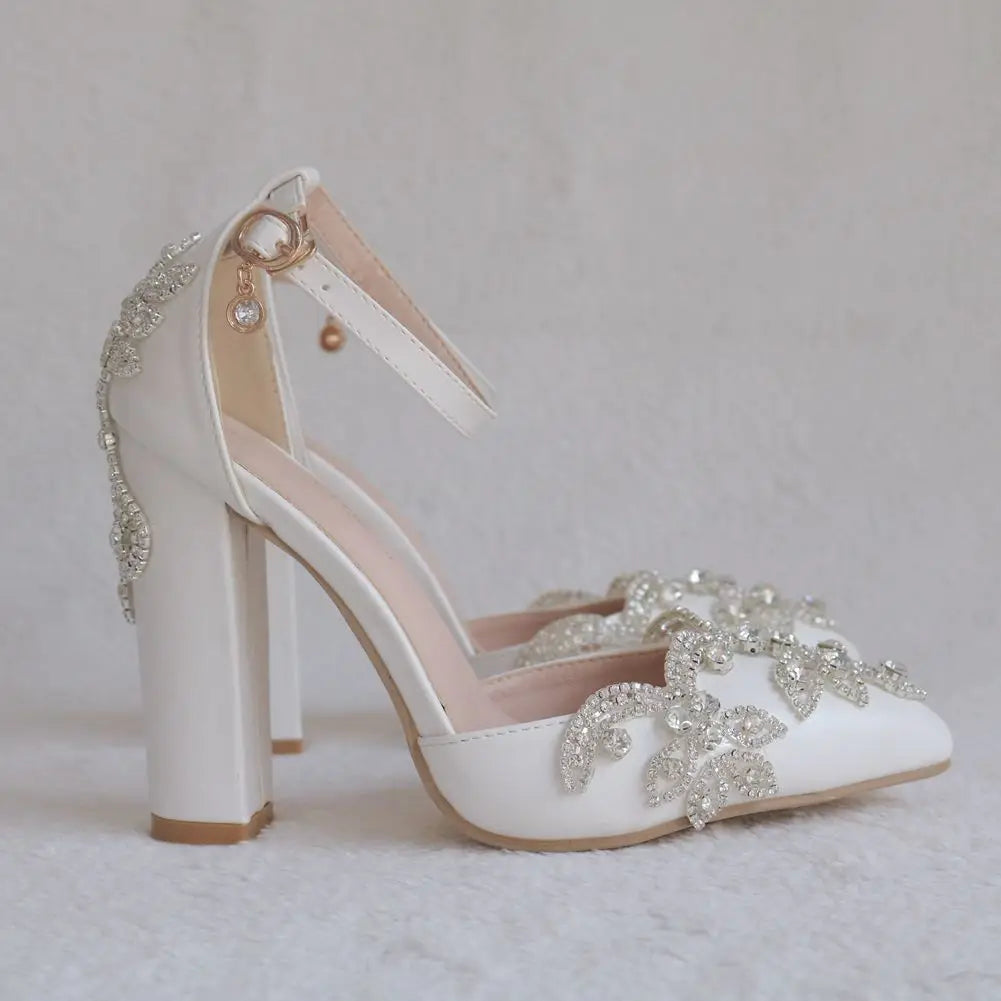 2025 Thick Heel Pointed Toe Shoes Large Size  Thick Heel Sandals Women Rhinestone Wedding Shoes Women White Wedding Shoes Drill