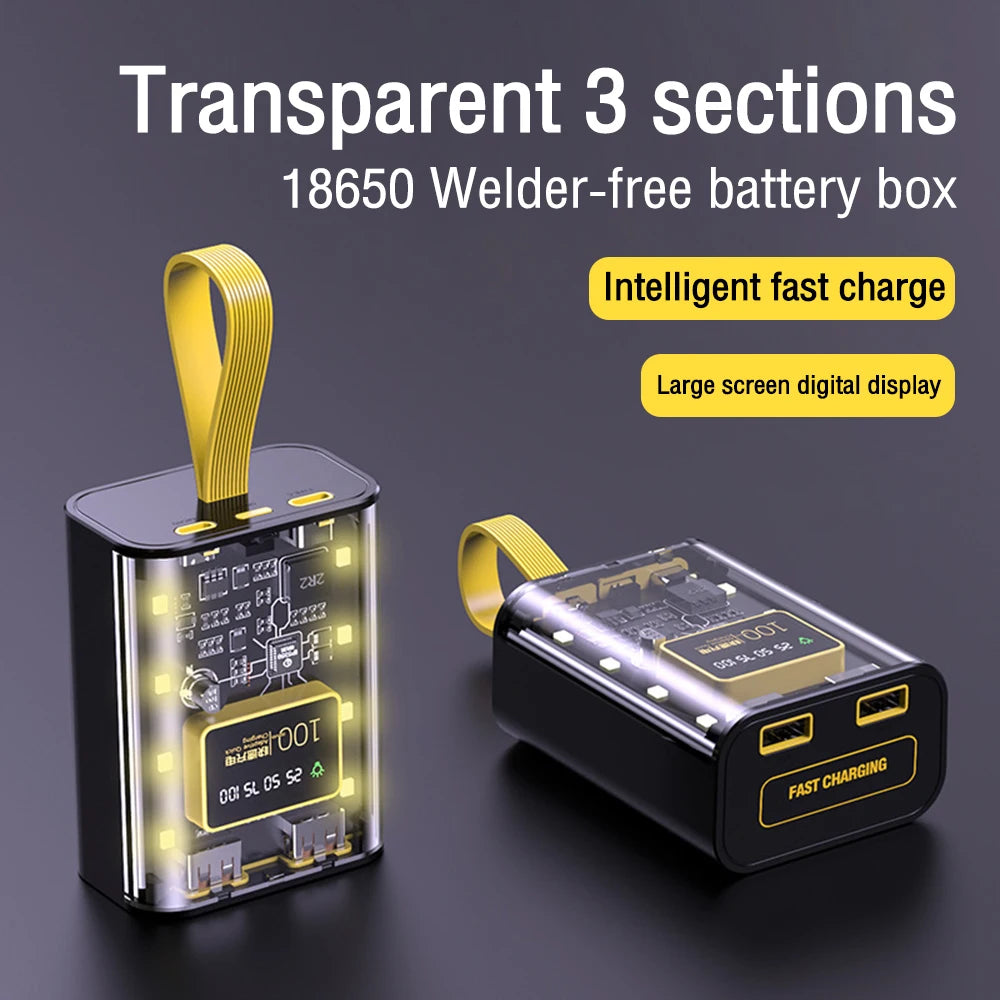 Transparent mobile power bank with 3 18650 battery packs, no welding power bank kit, DIY mobile power bank with night light