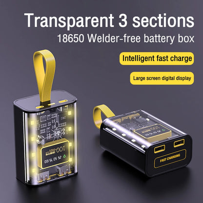 Transparent mobile power bank with 3 18650 battery packs, no welding power bank kit, DIY mobile power bank with night light