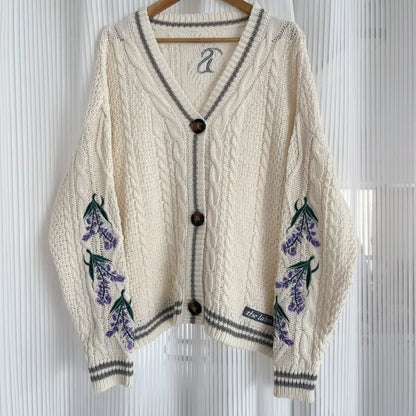 Butterfly Knitted Cardigan Women Dark Green Cardigans with Embroidery Winter Letter Patch Oversized Sweaters Tops Folklore Girl