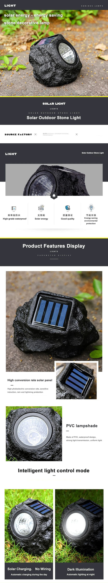 LED Solar Energy Warm Light  Outdoor Garden Lawn Decoration Waterproof Lighting Garden Spotlight Solar Simulation Stone Light