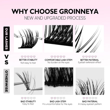 GROINNEYA Lash Clusters Kit DIY Lash Extension Volume Waterproof Individual Lashes Clusters Kit Lash Bond & Seal & Lash Tweezers