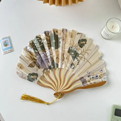 Portable Hand Fold Fan New Chinese Style Dance Props Retro Shell Fan Woman Men Bamboo Wood Silk Flower Folding Fan