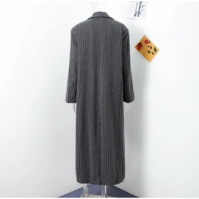 Retro Striped Lapel Woolen Long Coat Women Casual Loose Dark Grey Oversize Coats Female Winter Elegant Chic Outwear