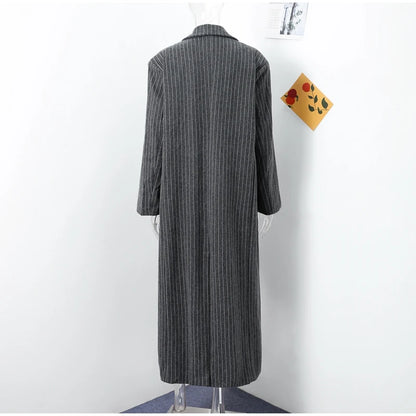 Retro Striped Lapel Woolen Long Coat Women Casual Loose Dark Grey Oversize Coats Female Winter Elegant Chic Outwear
