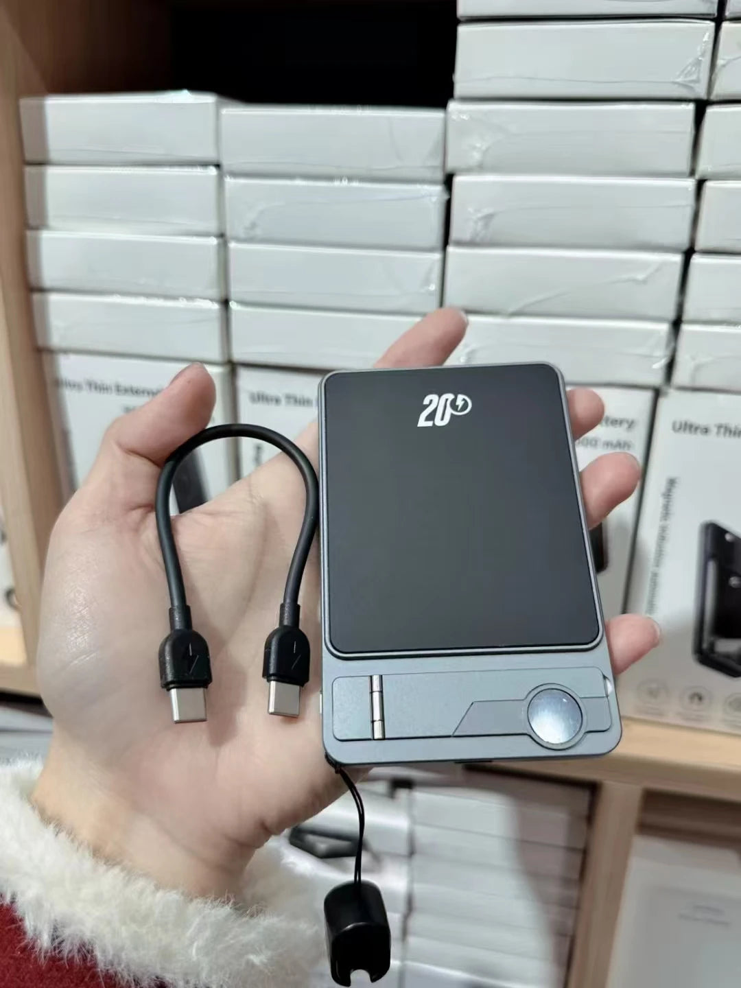 Portable Charger Powerbank With Cable PD20W Power Bank Wireless 15W With Phone Holder LED Display Mobile Phone Backup Battery