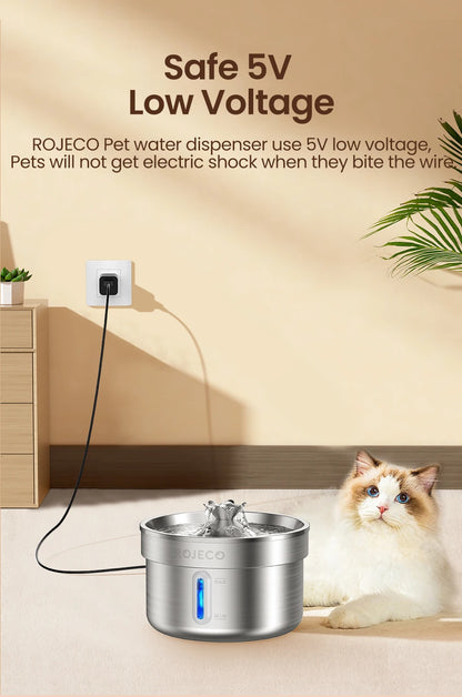 ROJECO Stainless Steel Pet Water Fountain Automatic Cat Drinking Fountain for Pet Dogs Drinker Rechargeable Pet Water Purifier