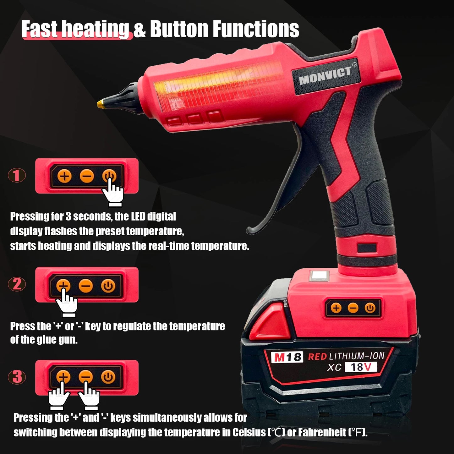 Upgraded 100W Cordless Glue Gun for Milwaukee 18V Battery,  Digital Temperature Adjustable Full Size Heavy Duty with 10 Sticks