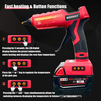 Upgraded 100W Cordless Glue Gun for Milwaukee 18V Battery,  Digital Temperature Adjustable Full Size Heavy Duty with 10 Sticks