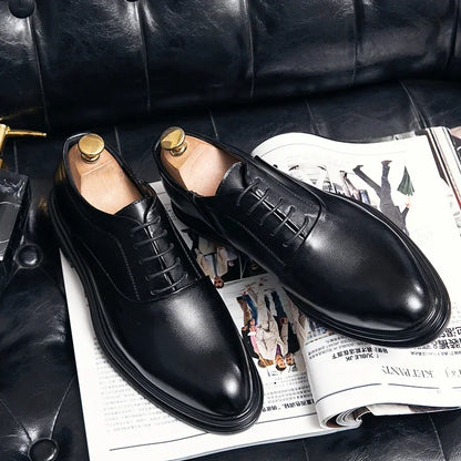 Business Formal Leather Shoes Men's Casual with Suit Low Top Solid Wedding Oxford Shoes Pointed Office Shoes