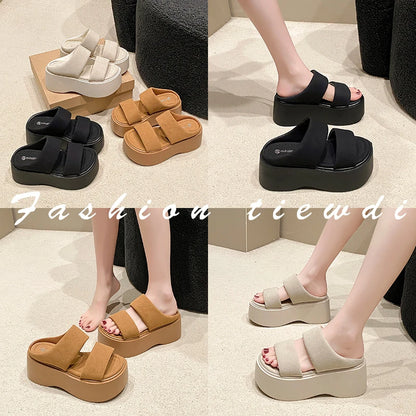 Summer 2023 Chunky Sandals Women's Thick Bottom Wedge Heels Slides 8CM High Heels Platform Leather Casual Beach Flip Flops Woman