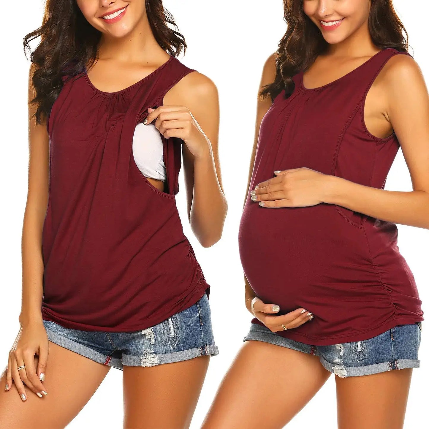 Maternity Tank Top Womens Nursing Shirt Casual Sleeveless Side Ruched Crew Neck Basic Nursed Vest Pregnancy Breastfeeding Tee