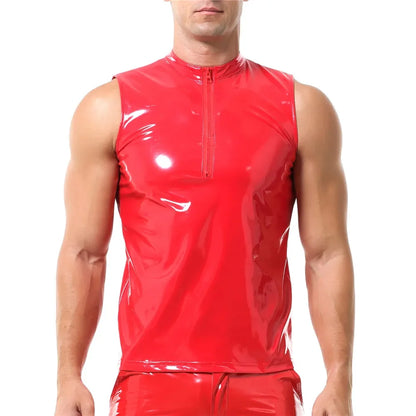 Mens Shiny Wet Look Leather Tank Top Zipper Glossy PVC Leather Sleeveless T-Shirts Shaping Wet Look Latex Leather Tanks Top Vest