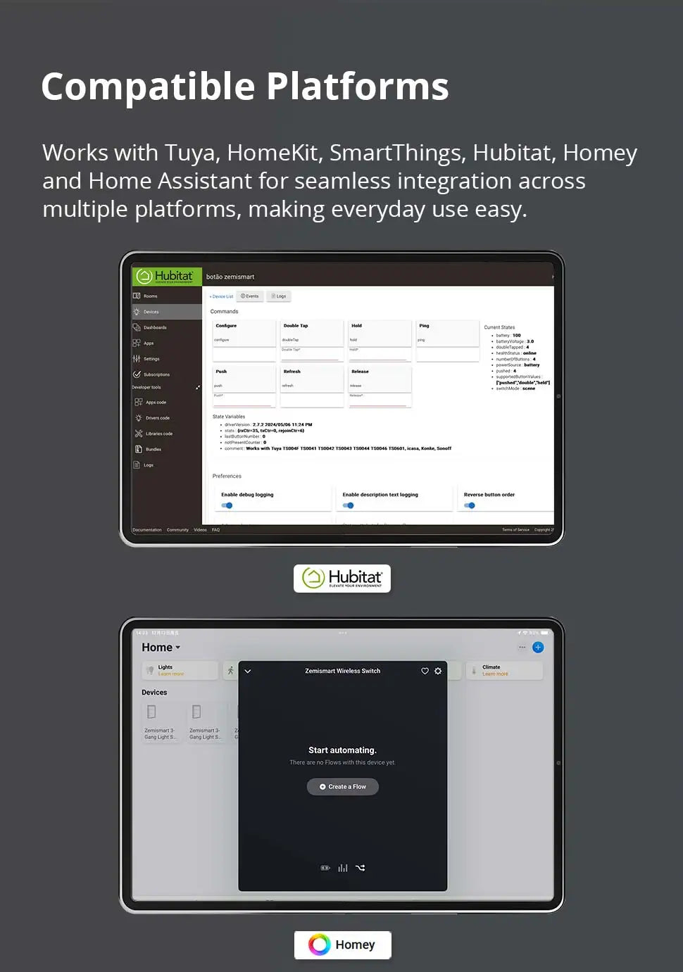 Zemismart 4-Gang Zigbee Wireless Scene Switch,Battery Powered, Compatible with Tuya Home Assistant Homey Hubitat (Hub Required）