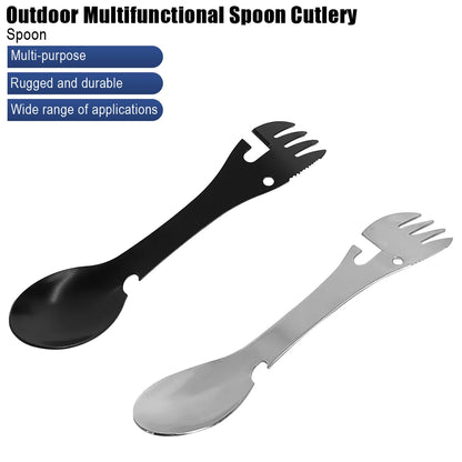 Multi-functional Outdoor Survival Tools 5 in 1 Camping Hiking Gear Practical Fork Knife Stainless Steel Spoon & Bottle Opener