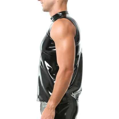 Mens Shiny Wet Look Leather Tank Top Zipper Glossy PVC Leather Sleeveless T-Shirts Shaping Wet Look Latex Leather Tanks Top Vest