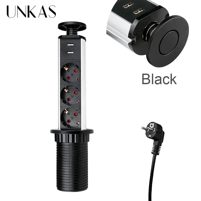 16A PULL POP UP 3 Power EU Socket New Black Color Port Kitchen Table Desktop Sockets Retractable Countertops French Plug