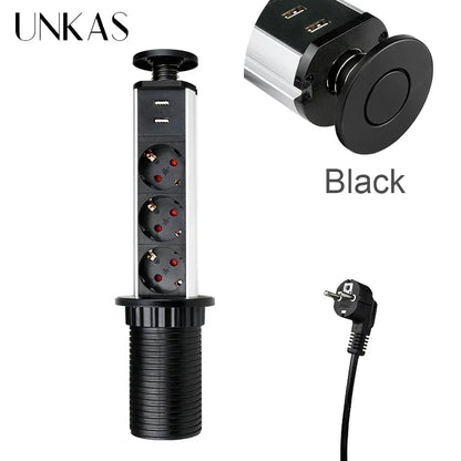 16A PULL POP UP 3 Power EU Socket New Black Color Port Kitchen Table Desktop Sockets Retractable Countertops French Plug