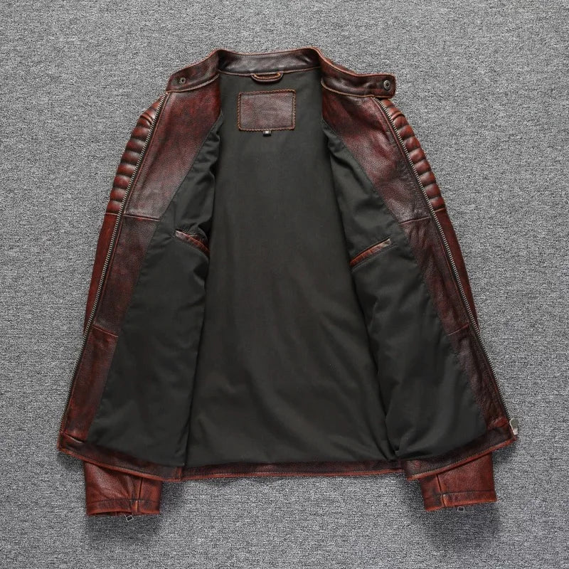Copersian Men's Genuine Leather Jacket Natural Cowhide Hunting Jacket  Retro Motorcycle Jacket Spring Autumn Mens Clothes
