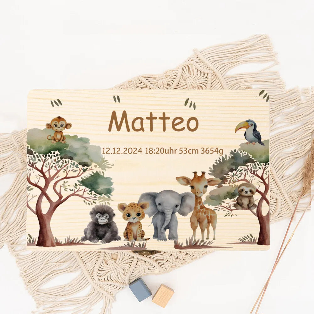 Baby Memory Box As A Gift for A Birth or Baptism Personalized Wooden Keepsake Boxes Newborn Animal with Name Birth Dates Case