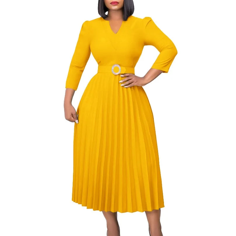 Office Dresses for Women V Neck Full Sleeve Belt Waisted Pleated Mid Calf Elegant Female Business Work Wear Dress Midi Cloth New
