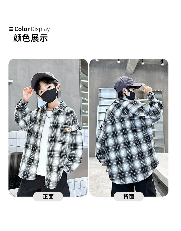 Baby Boys Shirts Fashion Classical Black White Color Plaid Blouse Gentlemen's Long Sleeve Shirt Teen Kids Tops Boys Clothes 5-14