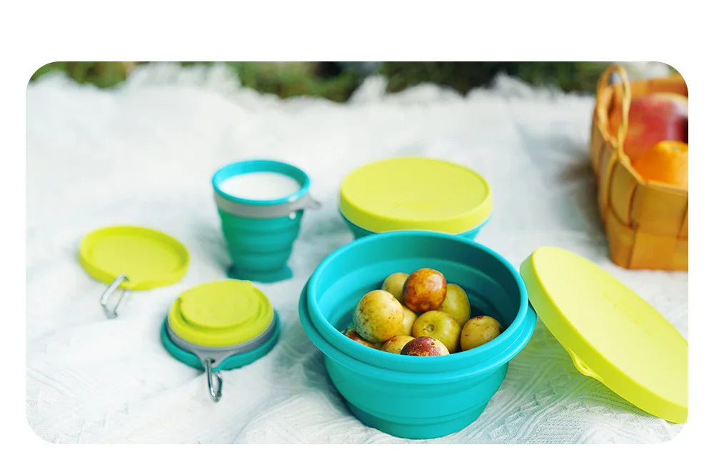 Silicone Bowl Foldable with Lid Camping Baby Travel Portable Round Large Food Container Heat Resistant Salad Bowl