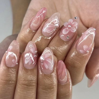 24pcs White Flower Fake Nail Tips Ins Yellow Pink Blush False Nails Wearable Full Cover European Almond Shaped Press on Nails