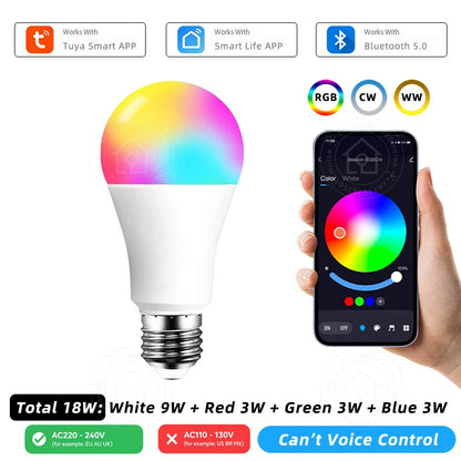 E27 Smart Bulb Tuya Bluetooth LED Light Bulb 18W 15W 9W 220V RGB Lamp APP Control Timer Dimmable Music Sync Work With Smart life