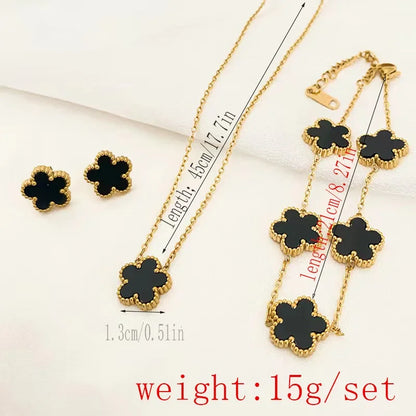 LUXUKISSKIDS Fashion Flower Necklace Earrings Set Jewelry Women Stainless Steel White Shell Clover Bracelet Jewelry Accessories