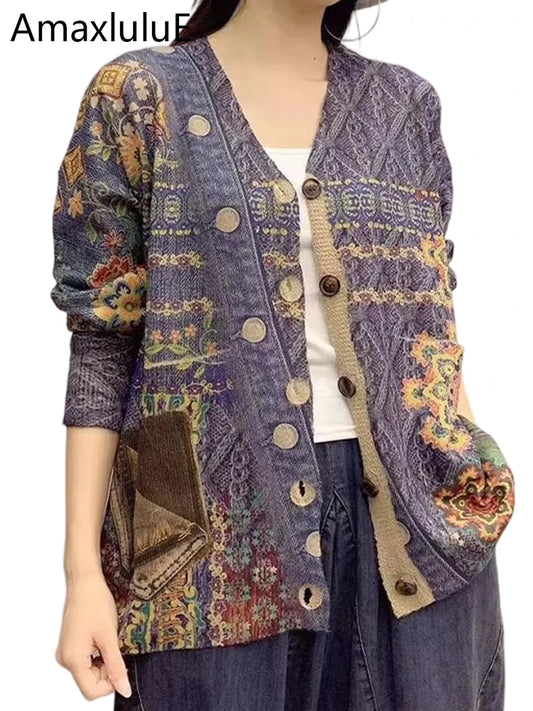 Amax luluE 2025 Fall Korean Design Knitwear Womens Vintage Printed loose Cardigans Ladies V-neck Fashion Warm Oversized Sweaters