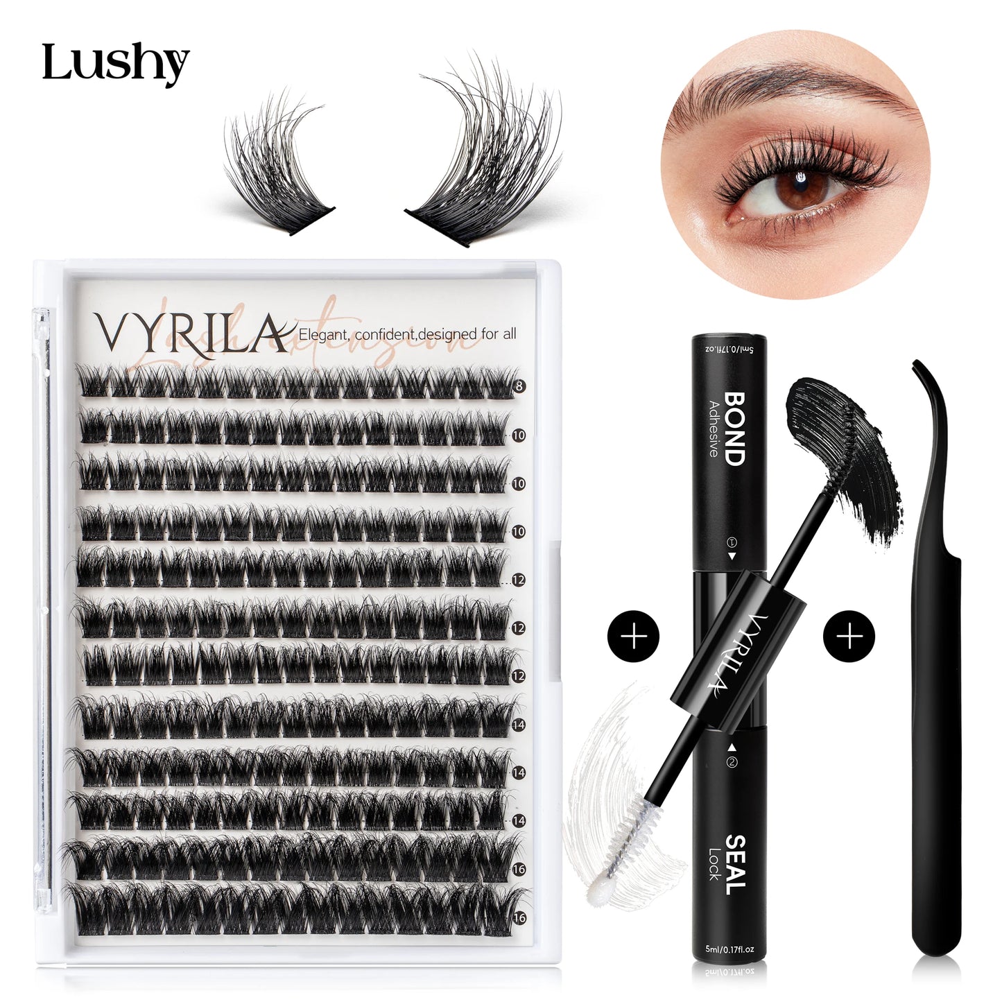 VYRILA Lash Extension Kit Wispy C Curl Lash Clusters Kit Hush 8-16mix Individual Lashes with Lash Bond and Seal Lash Tweezers