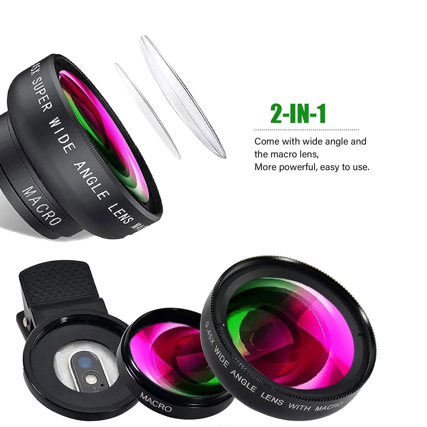Phone Camera Lens 2 in 1 Clip-on Kit 37mm 0.45X 49UV Super Wide Angle Macro Phone Camera Lens for iPhone 15 14 13 12 11 Android
