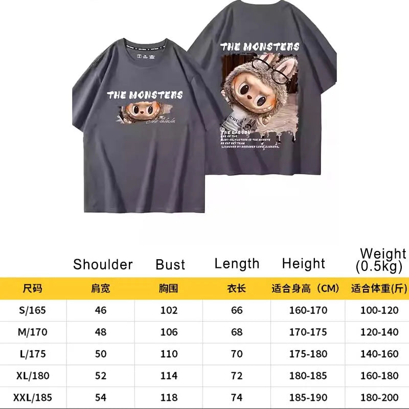 LABUBU The Monsters T-Shirt Cartoon Print Pure Cotton Short-Sleeved Top Couple Versatile Casual Trend Clothes For Adult Gift