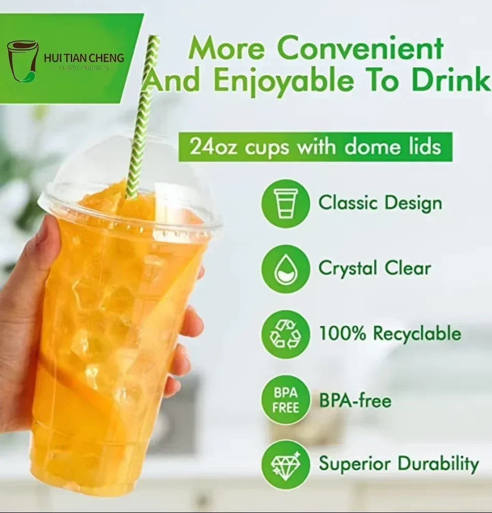 Disposable 400ml Plastic Cups with Lids Clear PET Snack and Drink Cups for Boba Milk Tea and Cold Beverages