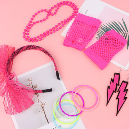 80s Fancy Dress Accessories Women Party Costume Set Adult Tutu Skirt Neon Fishnet Gloves Beaded Necklace Bracelet Earrings