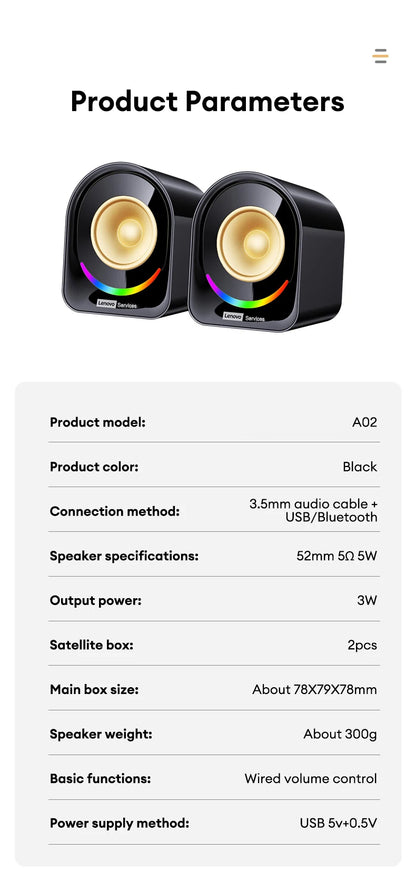 Original Lenovo A02 Wireless Bluetooth Speakers Deep Bass Sound Outdoor Soundbox Music RGB Lighting Long Standby Loudspeakers