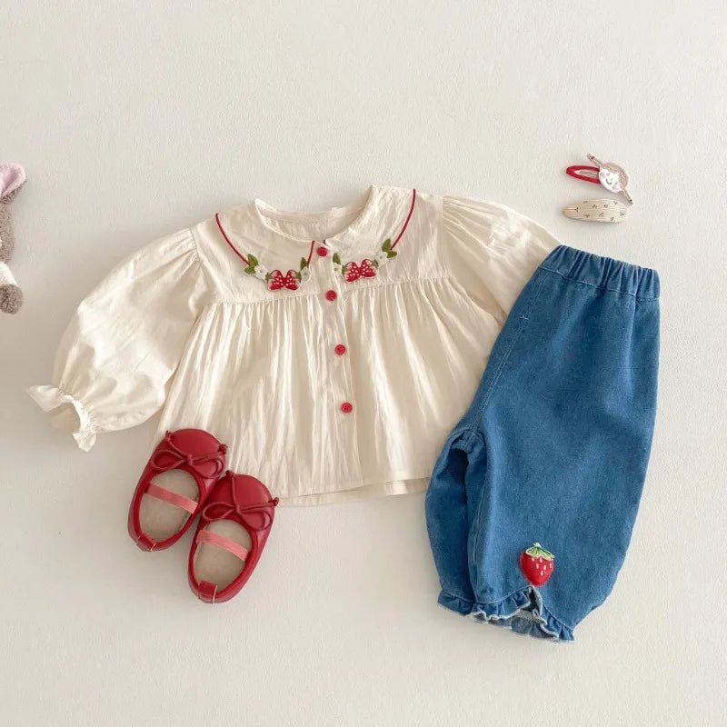Girls Fashion Shirt 2025 New Spring Baby Korean Long Sleeve Shirt Children Spring Strawberry Peter Pan Collar Top
