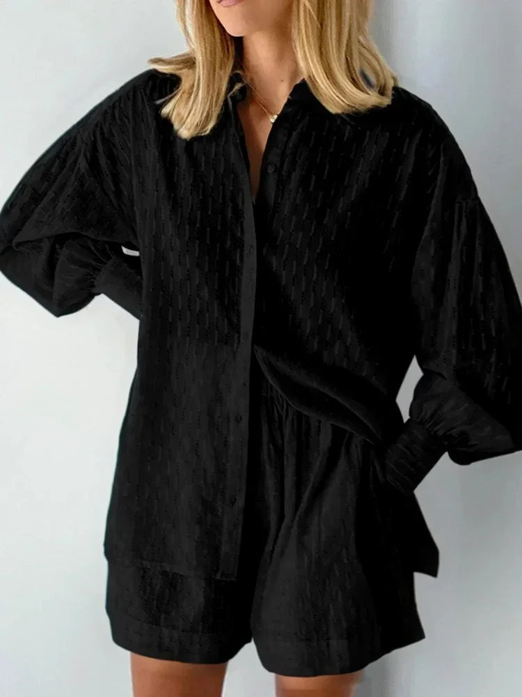 Casual Loose Women Short Two Piece Set Suit Fashion Blouse Long Sleeve Shirt Lady Simple Style Shorts Streetwear Blouse Tops