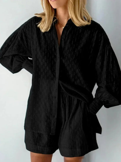 Casual Loose Women Short Two Piece Set Suit Fashion Blouse Long Sleeve Shirt Lady Simple Style Shorts Streetwear Blouse Tops