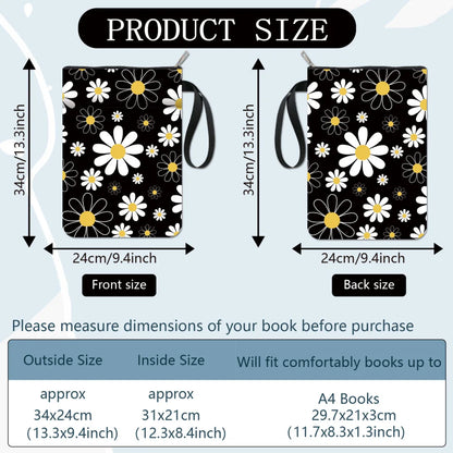 Flower Book Covers Daisy Book Protector Black Vintage Book Sleeve for Paperbacks Washable Fabric Cloth Book Cover with Zipper