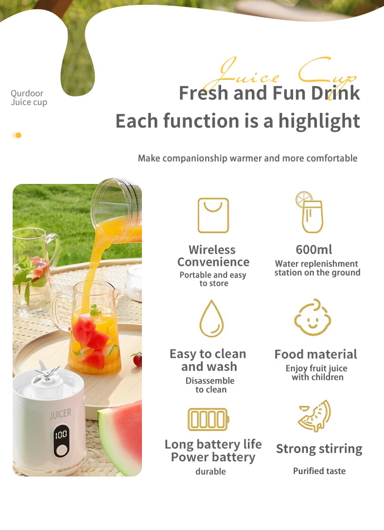 Electric Portable Blender Wireless Rechargeable USB Fruit Blender 600ML Kitchen Mixer Machine Traveling Juicer Cup Fruit Blender
