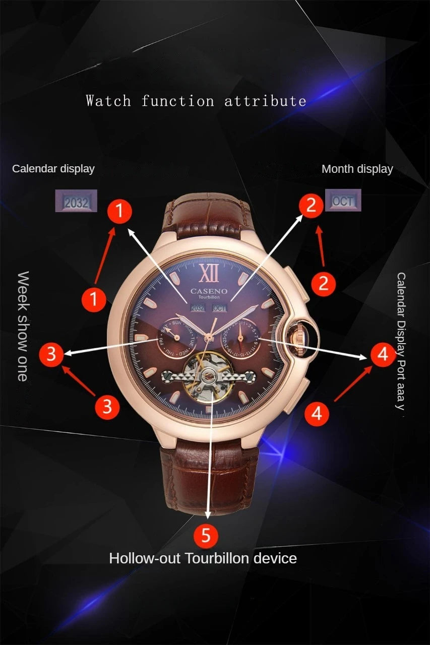 CASENO Fashion Trend Men's Blue Light Glass Night Light Scale Multi functional Fully Automatic Tourbillon Mechanical Watch 831BG