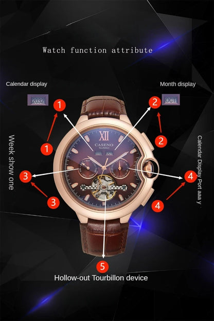 CASENO Fashion Trend Men's Blue Light Glass Night Light Scale Multi functional Fully Automatic Tourbillon Mechanical Watch 831BG